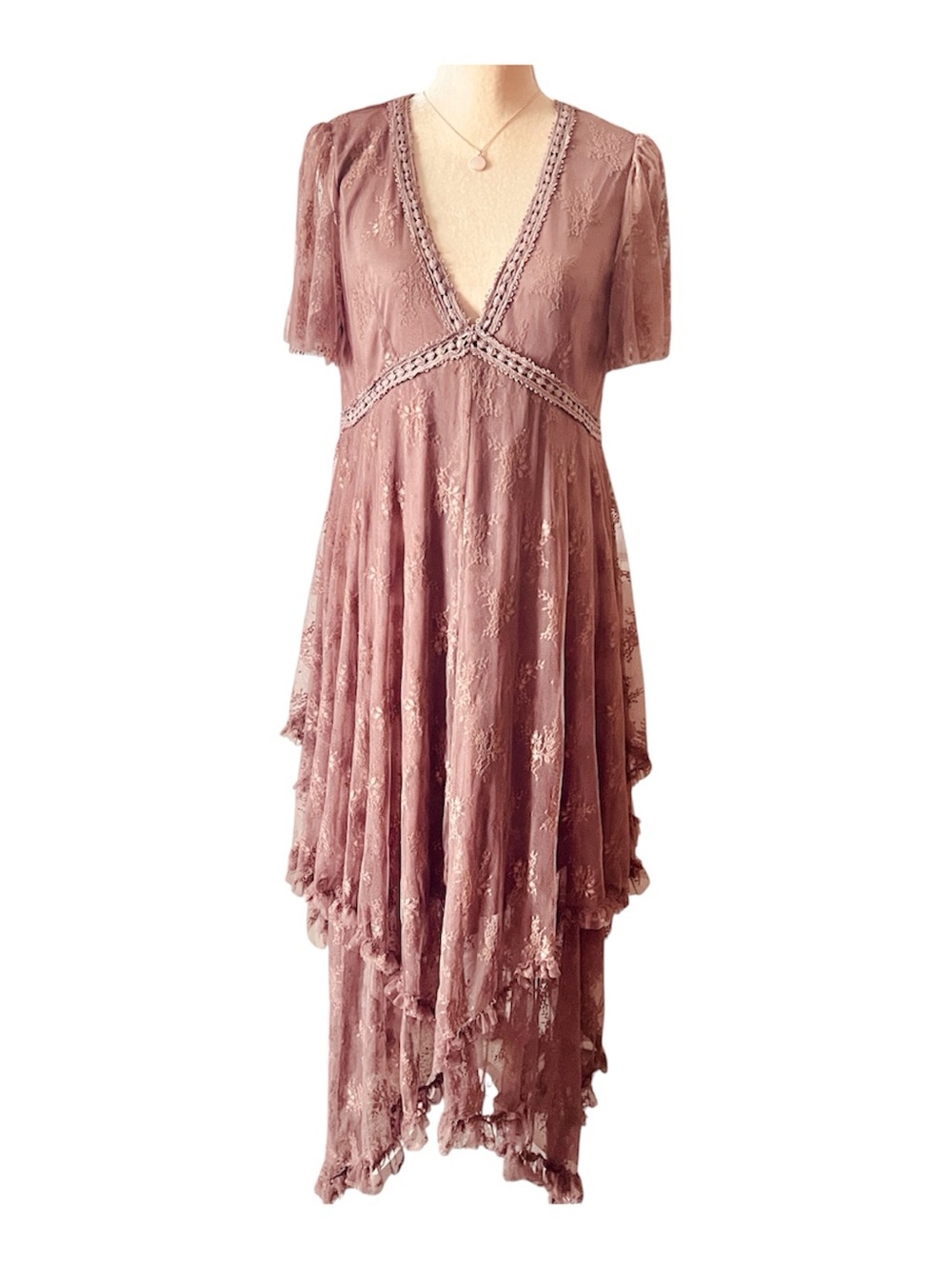 BaeVely Lace Ruffle Long Dress Size Large Rose Brown V-neck Short Sleeves
Hi Low